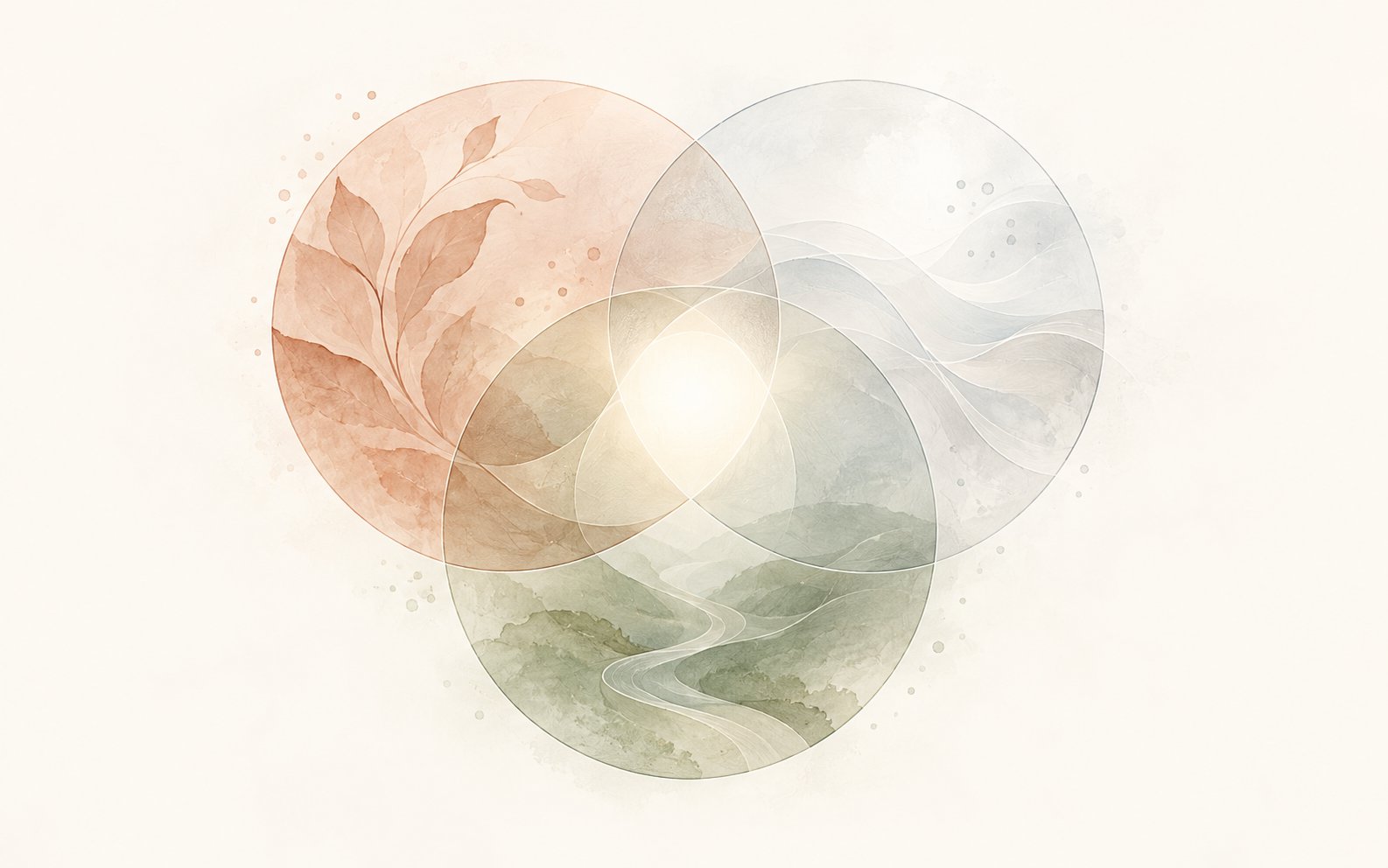 Aquarell-Illustration der 3 Prinzipien: drei sich &uuml;berschneidende Kreise mit Bl&auml;ttern, Wolken und einem Flusslauf.